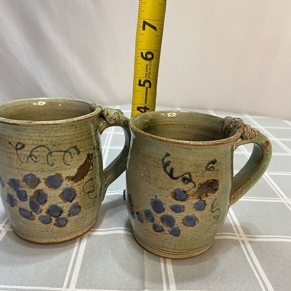 Pottery Coffee Mugs Grape Vine Primitive Handmade Artisan Crafted Set of 2 Cups - Picture 8 of 10